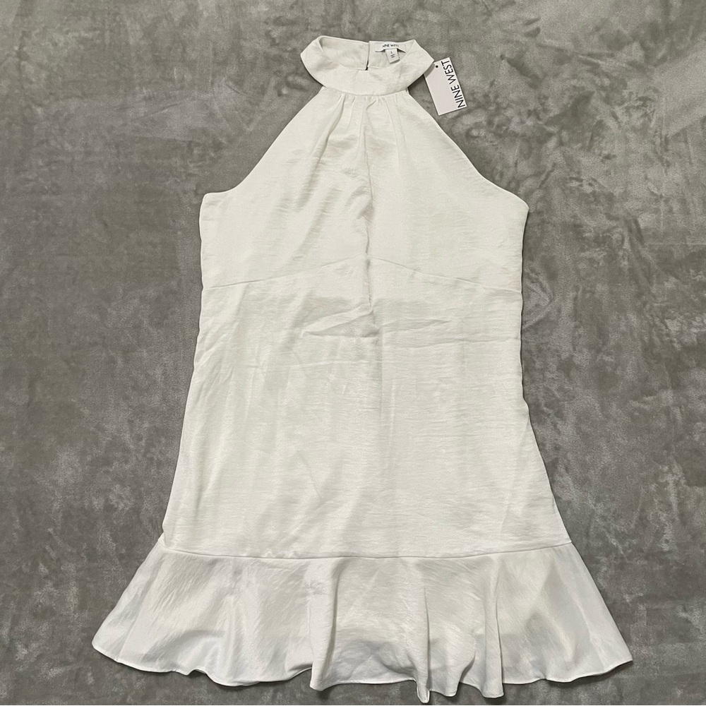 NWT Nine West Chic White Halter Dress Ruffle Hem Size Large Wedding Guest
